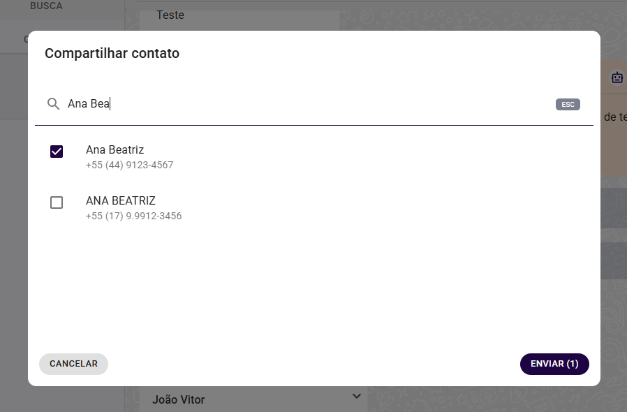 contatos selecionados no modal de contatos