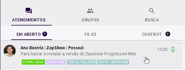 Atendimento em aberto selecionado
