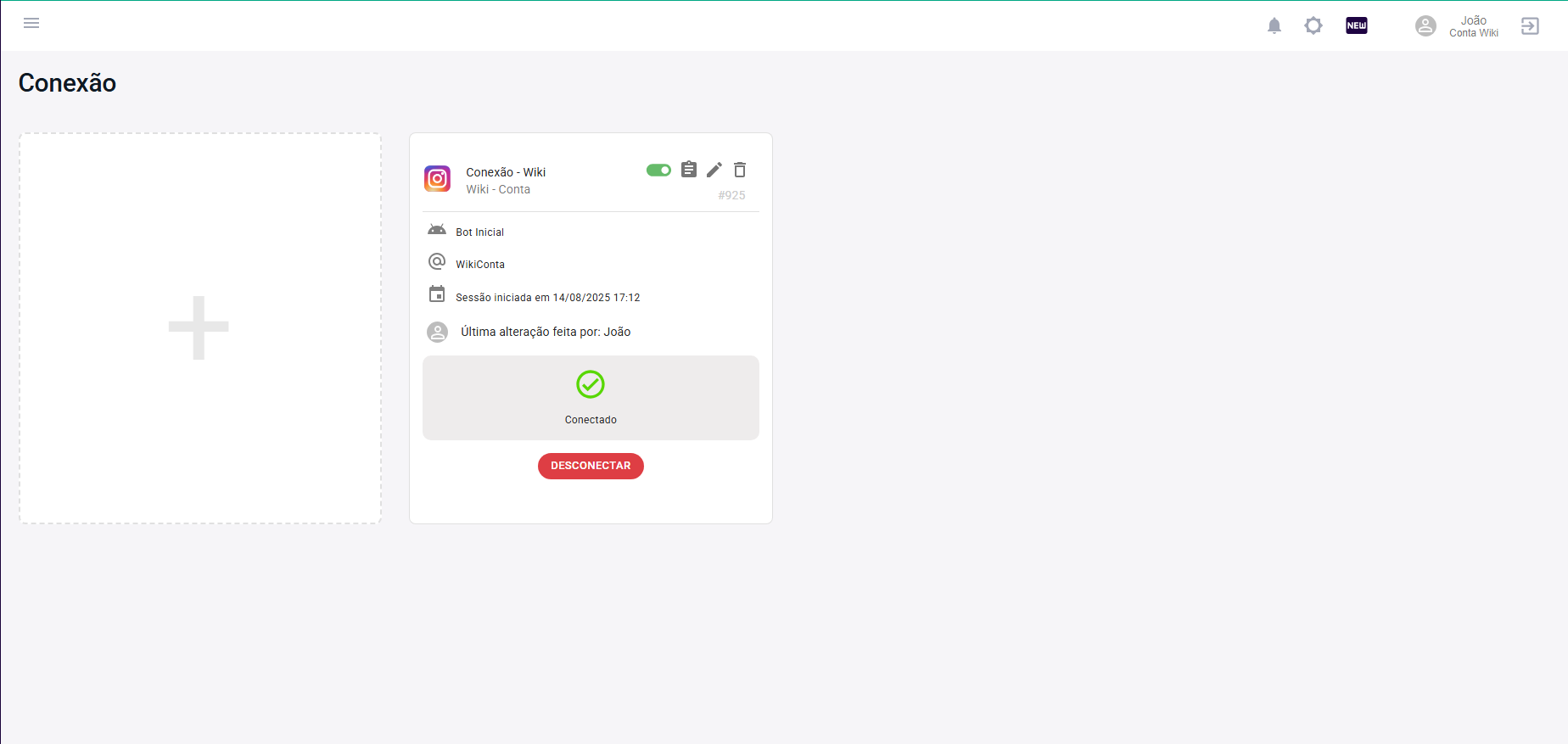 aba conexões com conexão insta criada