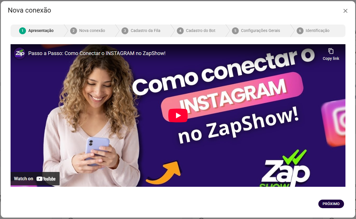 Modal com video de cadastro de conexão