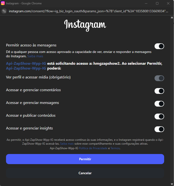 modal permissões instagram