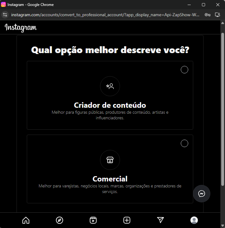 modal escolha de conta business