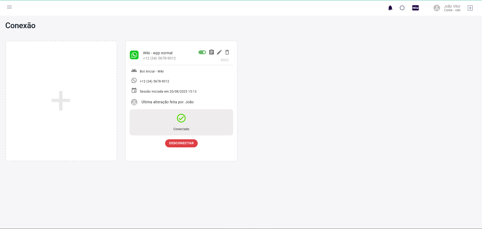 listagem de conexões com a conexão do wpp criada