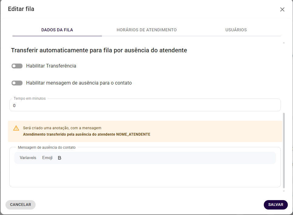 Tela de Edição da Fila