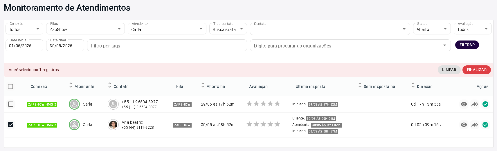 Atendimentos Selecionados